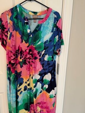 Chico's Bold Floral V-Neck Tunic Dress — Pink, Blue, Green, Yellow